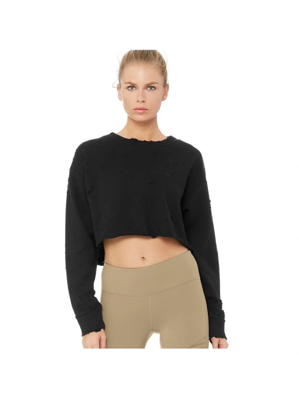 ALO Yoga Black Fierce Distressed Cropped Sweatshirt Size Medium EUC